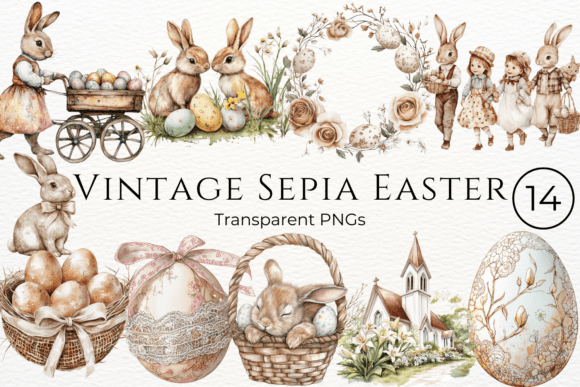 Download Vintage Sepia Easter Watercolor Cliparts - Premium Bundle